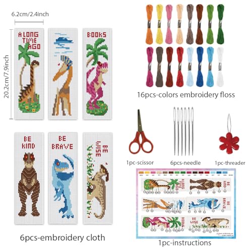 Image of INFUNLY 6 Set Cross Stitch Bookmark Kit Dinosaurs DIY Cross Stitch Kit 8 inchx2.4 inch Pre-Printed Tyrannosaurus Stamped Embroidery Bookmark with Instruction Cross Stitch Kits for Beginners Book Lovers Gifts