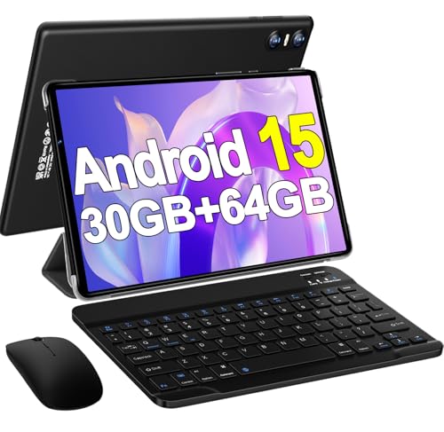 2025 Android 15 Tablet with Keyboard, 10.1 Inch Tablets FHD Display 30GB RAM 64GB ROM 1TB Expand, Octa-Core 2.0GHz, Widevine L1, 6000mAh Battery, 5G WiFi & GPS, Gemini AI, 2-in-1 Tableta PC - Black