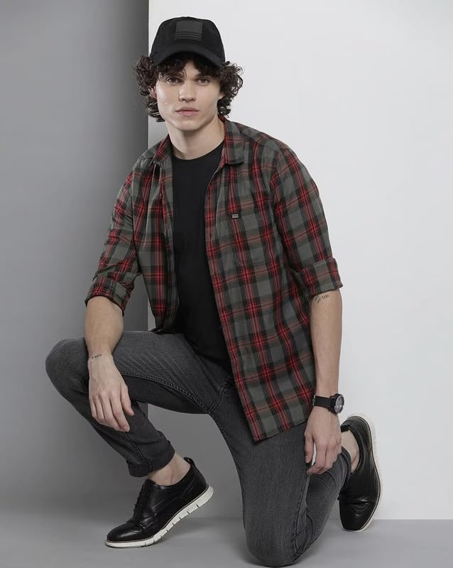 Image of Men's Cotton Casual Checked Classic Collar Slim Fit Shirt