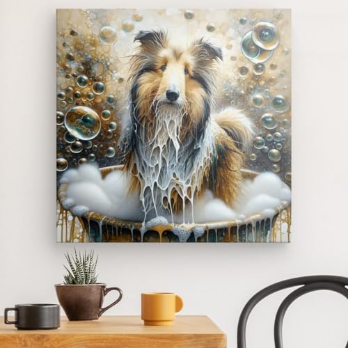 Toile chien dans le bain #3 pour une déco de salle de bain humoristique et moderne
