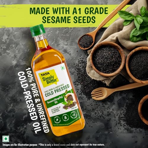 Image of Tata Simply Better Pure & Unrefined Cold Pressed Sesame(Gingelly)Oil,Naturally Cholesterol Free,500ml,Sesame Oil with Rich Aroma & Flavour of Real SesameSeeds,For Daily Cooking with Multipurpose Usage