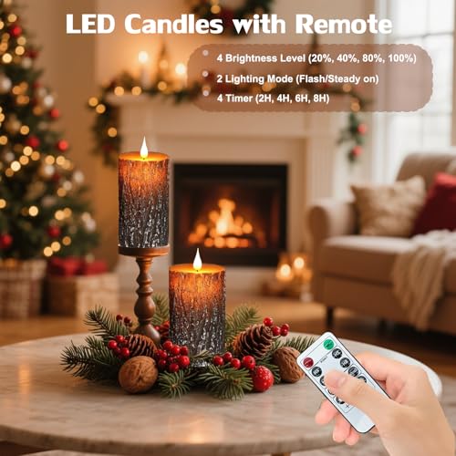 Image of Pine Bark Flameless Candles Set of 2, Christmas Candles with Remote & Timer
