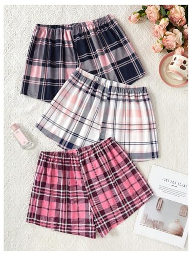 Image of WDIRARA Women's 3 Pack Plaid Letter Graphic Pajama Shorts Lounge Shorts | Elastic Waist ,Comfortable,Home Living,Sleepwear