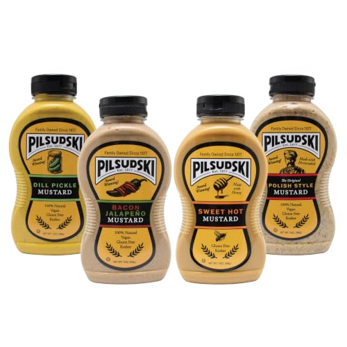 Pilsudski's Brand Mustard - 12oz Squeeze Bottle, Perfect condiments for any dish (12 Fl Oz (Pack of 4), Tailgate &amp; BBQ Variety Pack)
