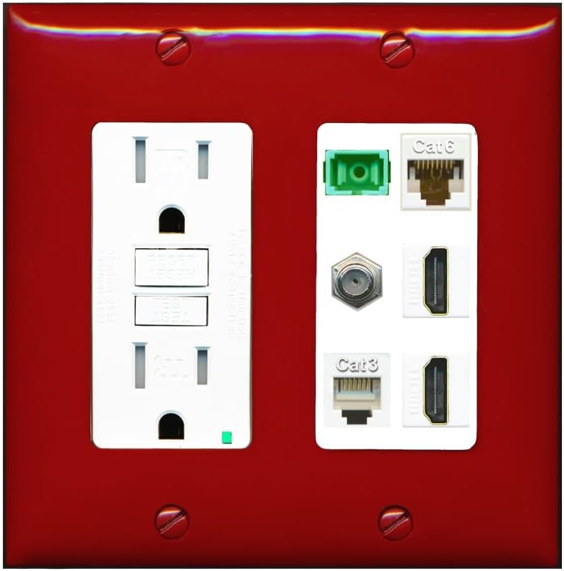 RiteAV 1 Port Fiber Optic Jack SC Simplex APC + Cat6 + Coax + 2 x HDMI + Phone Wall Plate - GFCI Outlet [Red/White]