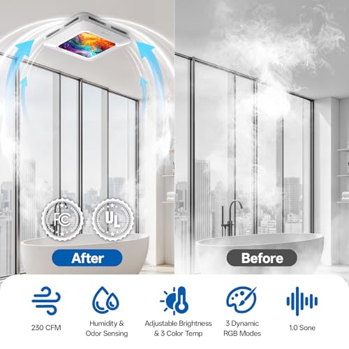 Image of Bathroom Exhaust Fan with Humidity Sensor, 230 CFM 1.0 Sone Ventilation Fan, 3 Dynamic Light and 3CCT Light (2700-4500-6500K), 11.22 inch x 11.22 inch Mount, Remote Control (Aurora Iridescence)
