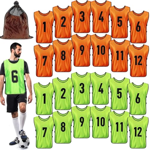Gatutul Soccer Pinnies, 24 Pack Scrimmage Training Vests in 2 Vibrant Colors, 1-12 Numbered Practice Jerseys for Adults Soccer Basketball Football Volleyball – Orange & Green