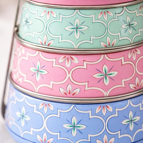 Image of iHandikart Handpainted Decorative Lunch Box Tiffin | Multiple Tier Stainless Steel Food Box | Designer Indian Print Tiffin for School | Diwali Gift, Navratri Gift (Color - Multicolor)