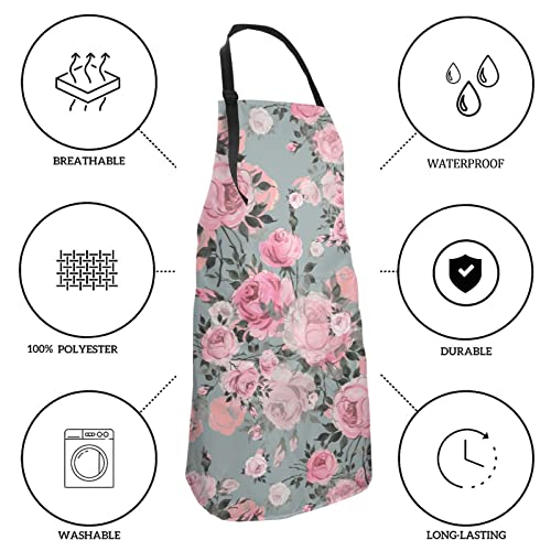 Pink Rose Floral Grey Shabby Chic Funny Apron 2 Pockets Mom Women Wife Girlfriend Birthday Valentine's Day Gifts Bbq Grilling Cooking Master Chef Kitchen #TOP5