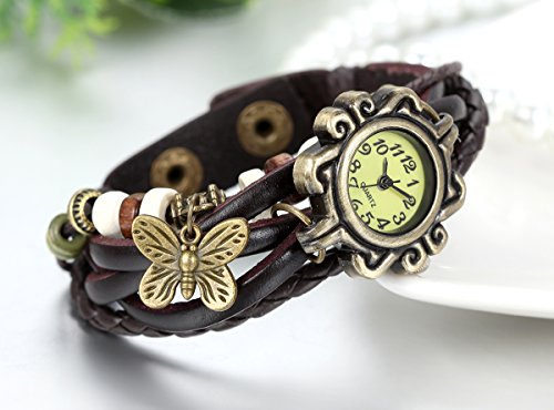 JewelryWe Damen Armbanduhr, Retro geflochten Leder Armband Armreif Armkette Uhr mit Baum Blatt Anhänger für Frau Mädchen – Bild 4