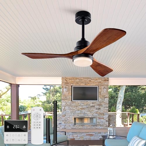 Image of 42 Inch Outdoor Ceiling Fans with Lights and Remote Control, Dimmable Outdoor Ceiling Fans for Patios 3 Blade Wood Black Walnut Bedroom Ceiling Fan with Light, Wall Switch
