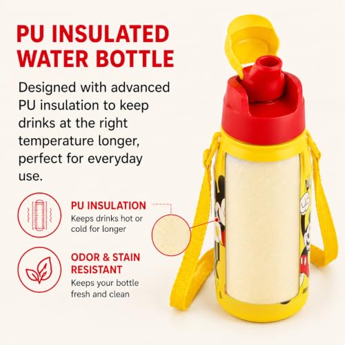 Image of CELLO Kidzbee Puro Steel-X Hydro Kid 600 Insulated Kids Sipper Water Bottle 520ml Yellow | Touch & Feel Mickey Design Easy to Carry with Loop Leakproof Flip Top Water Bottle For School Kids Boys Girls