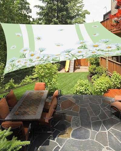 Boanket Sun Shade Sail 12' x 16', Spring Floral Sun Blocking Shades Privacy Outdoor Covering, White Daisy Green Summer Botanical Teal Striped Shade Cloth for Patio Deck Garden Lawns Beach Backyard