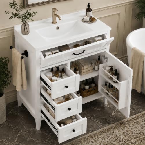 Linique 30" Bathroom Vanity with Sink, Solid Wood Storage Cabinet, White | Solid Wood Frame, 3 Pull-out Drawers, 1 Tip-out Drawer, Adjustable Shelf, Soft-close Door with Built-in Organizer, Towel Bar