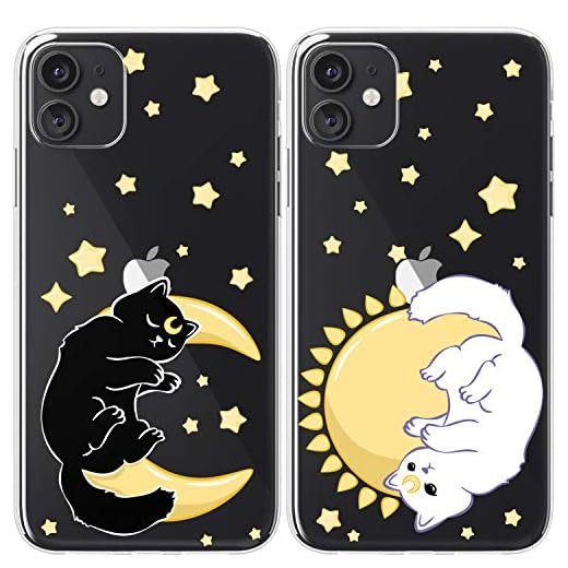 Mertak Couple Cases Compatible with iPhone 14 13 Pro Max 12 Mini 11 SE Xs Xr 8 Plus 7 6s Cute Matching Stars Protective Cats Lightweight Slim Silicone Girlfriend Flexible Celestial Moon Sun Luna Cover