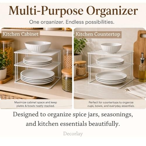 Image of Decorlay 3-Tier Kitchen Plate Rack Metal Dish Organizer | Space Saving Bartan Stand for Plates, Bowls, Cups & Utensils | Countertop Storage Rack | White