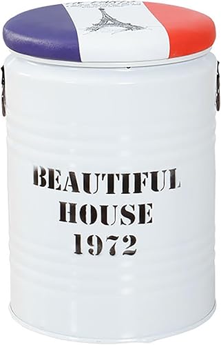 NaKeah Taburete otomano de almacenamiento rústico, taburete de tocador redondo, mesa auxiliar de metal con tapa redonda, taburete acolchado tapizado