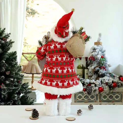 Decoração de Natal Papai Noel Decorativo de Luxo, Roupa Vermelha com Estampa de Rena, Segurando Saco