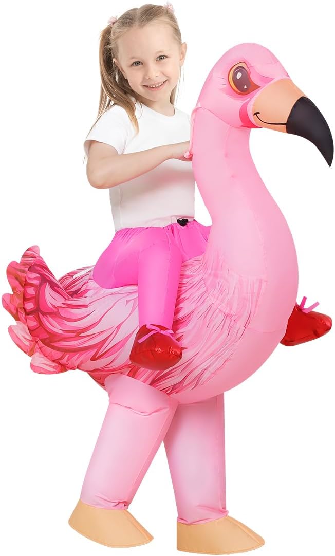 COMIN Inflatable Flamingo Costume Kids Halloween Blow up Costumes for Boys Girls Funny Riding Air Costume for Party Cosplay