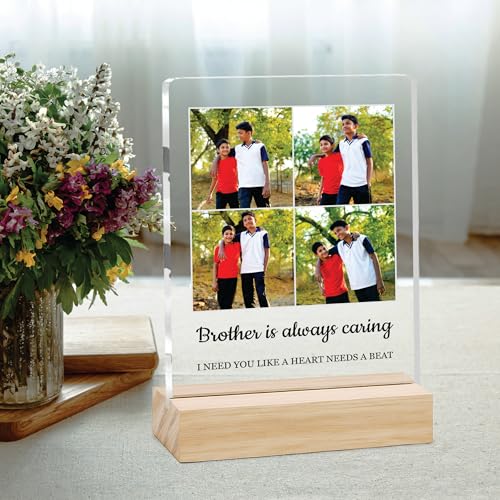 Image of Giftplease Customized Photo And Text Frame With Wooden Stand | Personalised Printed Photo Frame | Gift For Brother | Birthday | (Transparent, 5MM, 6 * 8 Inches), Tabletop BG 06