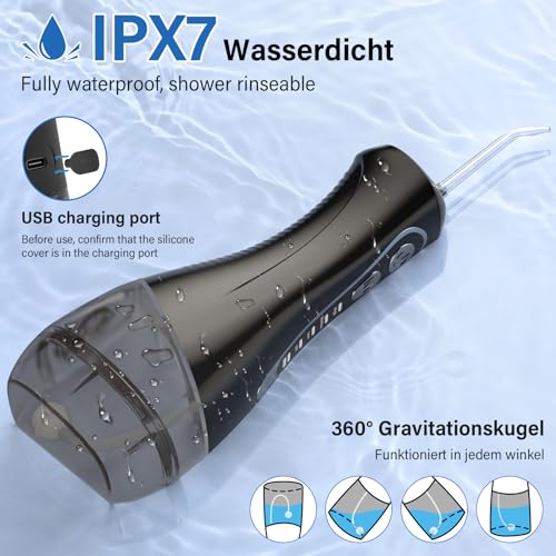 Munddusche Kabellos,Tragbar Elektrische Zahnreiniger DIY 4 Modi Wiederaufladbar,8 Düsen 320ML Water Flosser Tank Munddusche IPX7 Wasserdicht Munddusche Testsieger,für Reisen & Hause-Black (Schwarz) – Bild 7