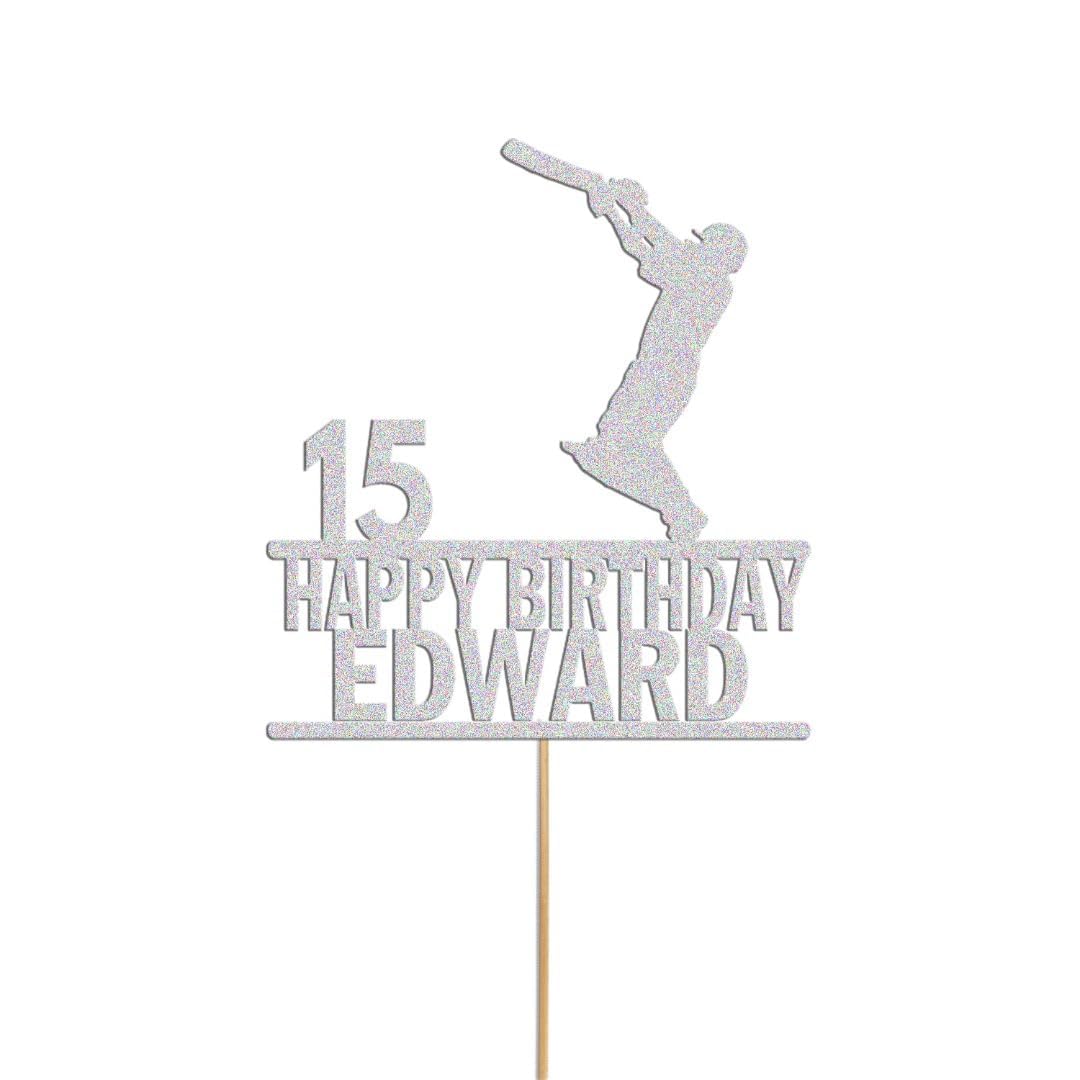 Personalized Cricket Cake Topper with Name and Age | Glitter Birthday Cake Decoration for Cricket Lovers, Custom Name Topper for Kids Birthday Party (Silver)