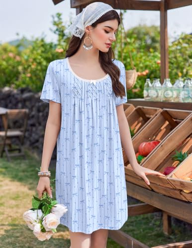 Image of Ekouaer Nightgowns for Women Pleated Sleep Shirts Short Sleeve Night Shirts