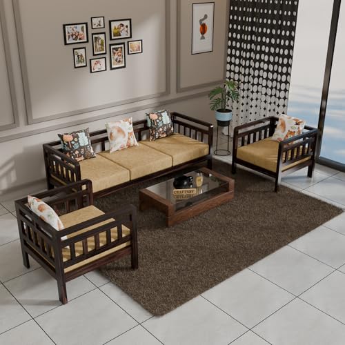 Image of Solid Sheesham Wood 5 Seater Sofa Set Without Centre Table for Living Room | Wooden 3+1+1 Five Seater Sofa Set with 5 Cushions | Modern Sofa Set for Home, Office & Lounge|Cream, Walnut Finish