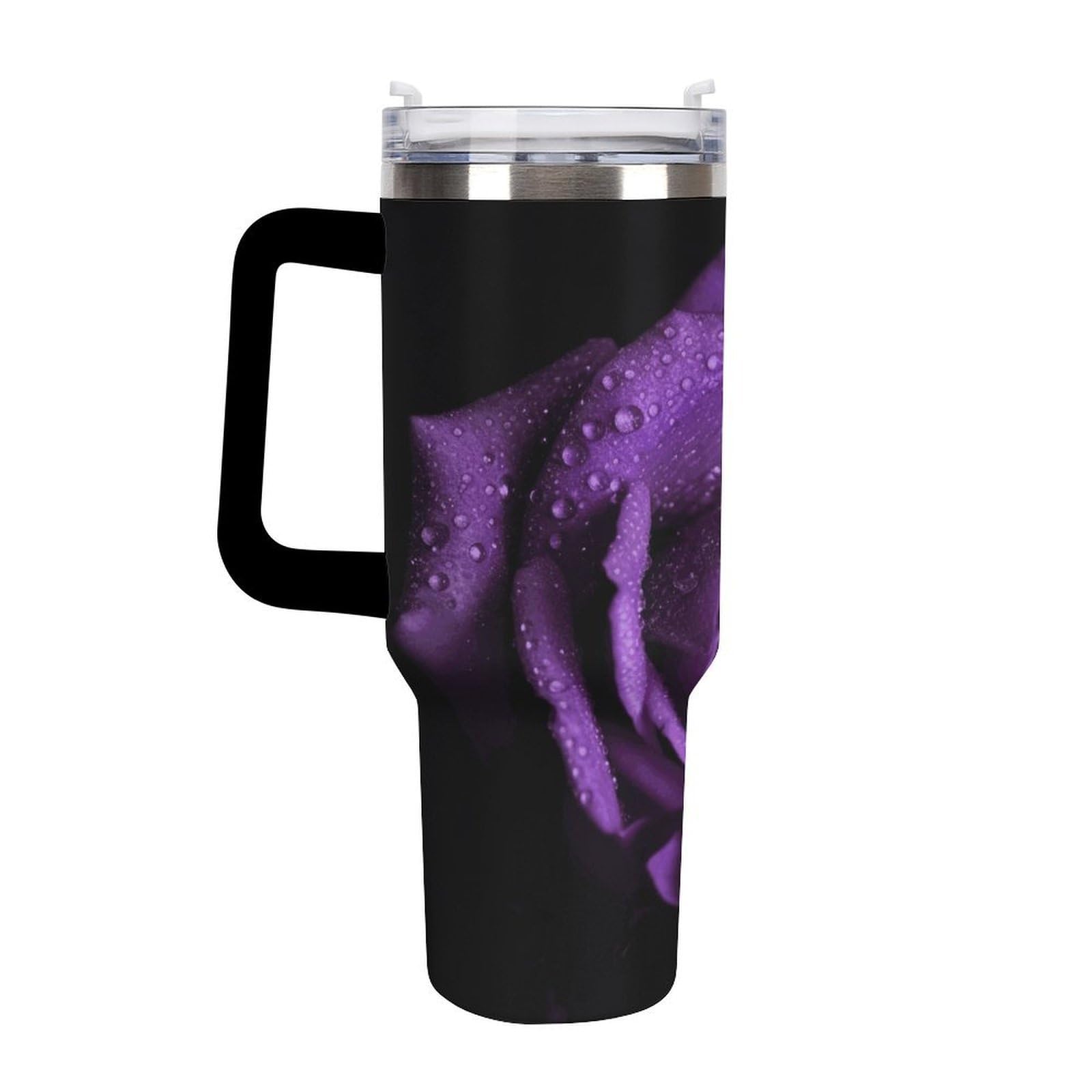 Tazas de rosa morada con popote y asa, taza de café con aislamiento al vacío de doble pared, botellas de agua para café helado, té, bebida caliente y fría