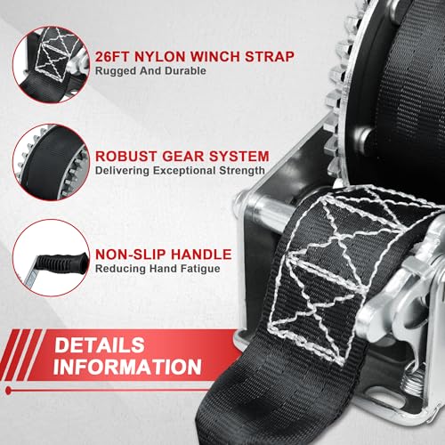Image of OPENROAD 2000lbs Heavy Duty Boat Trailer Winch with 26FT Strap,2-Way Ratchet,4:1 Gear Trailer Winch,Portable Hand Crank Winch for Boat,Truck, Trailer, RV, ATV, Jet Ski