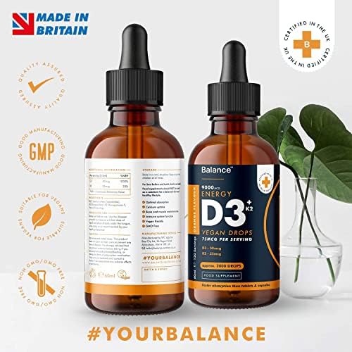 Vitamin D3 + K2 Liquid Drops - Vegan - High Strength 2000iu D3 + 25mcg K2 - 2 Month Supply - 120 Servings - 9,000mcg 60ml Dropper Bottle - Sublingual for Fast Absorption - Made in UK by Balance
