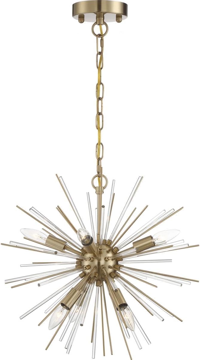 NUVO 60/6992 Cirrus Chandelier Vintage Brass Finish with Glass Rods, 6 Light
