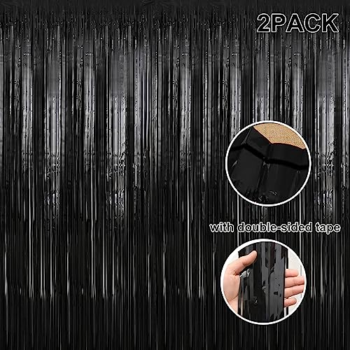 Image of 2 Pack 3.28 ft x 6.56 ft Black Tinsel Curtain Party Backdrop Decorations, Metallic Foil Fringe Backdrop Door for Halloween, Christmas, Birthday Graduation Wedding Party Streamers Photo Backdrop.