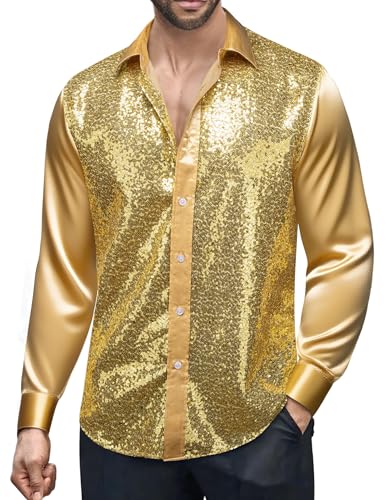 Barry.Wang Mens Disco Shirt Sequins Satin Shiny Metallic Long Sleeve Button Down Shirts 70s Vintage Cocktail Nightclub Rock