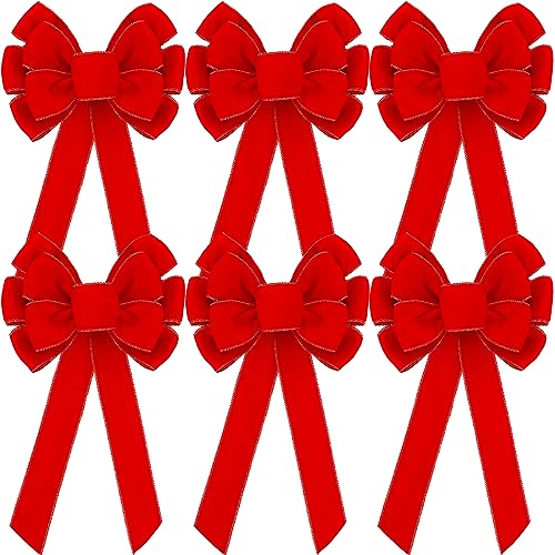 Lenwen 6 Pcs Large Christmas Bows Velvet Christmas Wreath Bows Christmas Tree Topper Bow with Golden Edge Big Xmas Ornament for Wreath Gift Home Front Door Decor (Red,11 x 19.6 Inch)