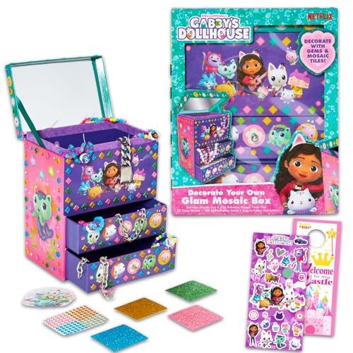 Dreamworks Gabbys Dollhouse DIY Jewelry Box - Craft Kit Bundle with Mosaic Tiles Adhesive Gems and 3D Foam Sticker Plus More | Gabbys Dollhouse Arts and Crafts for Girls