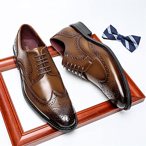 Single Season Dress Oxford Shoes for Men Lace Up Wing Tip Brogue Embossed Round Burnished Toe Leather Non Slip Block Heel Anti-Slip Slip Resistant Business Very Popular Among Young People Light Brown3