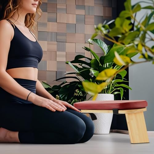Folding Meditation Bench with Leather Cushion Bamboo Stool Comfortable Prayer Seat Seiza Meditation Chair for Yoga, Travel, Pray, Zen Practice Stool - Image 3