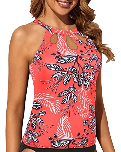 image for Tempt Me Red Flower High Neck Tankini Top Backless Bathing Suit Tops f
