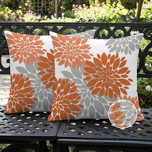 Ardjxue Lot de 2 Housses de Coussin D'extérieur Imperméables Motif Dahlias Orange Double Face 40 x 40cm Décoration Automnale Imperméables Style Moderne...