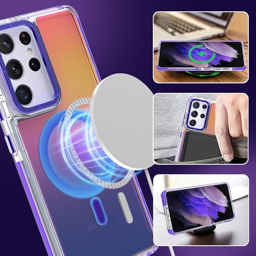 Image of Magnetic Case for Samsung Galaxy S21 Ultra [Compatible with Magsafe] [Cute Fashion Fluorescent Design] [1 Screen Protector] Slim Translucent Matte Case for Galaxy S21 Ultra 6.8 inch, Purple