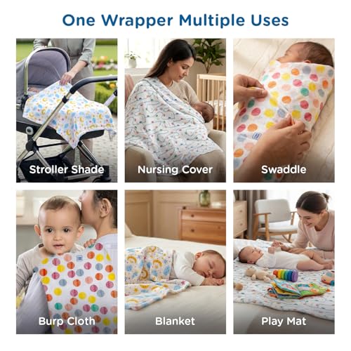 Image of Mee Mee 100% Muslin Cotton Swaddle Wrapper Set (Pack of 3) | Soft, Quick-Drying & Highly Absorbent Baby Blanket Towel | Printed Mulmul Cloth for Newborn Essentials (Multicolour, 120 x 100 cm)