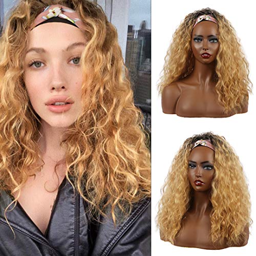 Shebeautee Headband Wigs for Women Ombre Honey Blonde Ice Silk Turban Wigs Natural Looking Shoulder Length None Lace Water Wave Wigs Synthetic Headwrap Wigs for Daily and Party Use