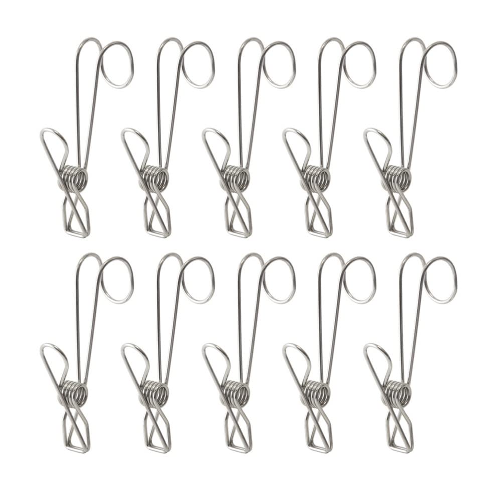 HEMOTON 10 Stück Edelstahl Metall lange Schwanz Clip mit Haken Kleidernadeln hängen Universal Clips für Küche Bad Büro