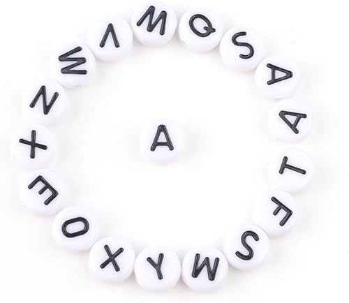 Miniatura 6 de Song Xi 1200 cuentas redondas blancas del alfabeto de acrílico, cuentas de letras negras de 0.157 x 0.27 pulgadas para pulseras y llaveros de