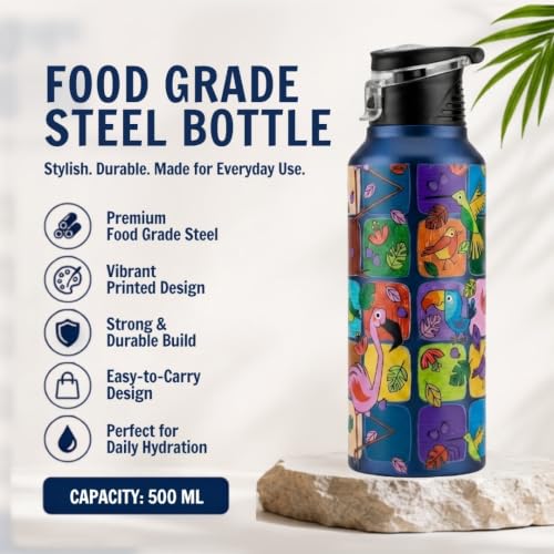 Image of VOIK Printed Stainless Steel Water Bottles for Kids, Office, Sports & Travel (750 ML) (Flamingo-Flipper)