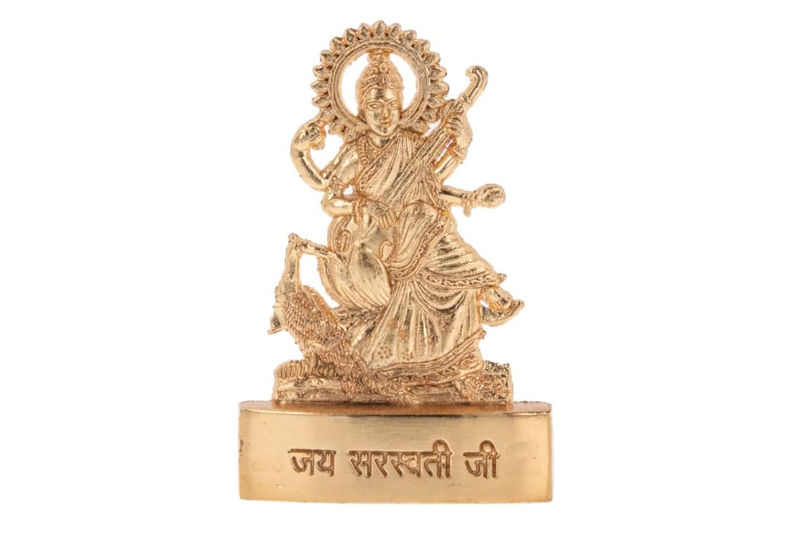 Indiabazaar Saraswati Statue Murti Golden Metal Small Saraswati Maa Mata Hindu Goddess for Car Dashboard Home Office Desk Mandir Temple Pooja Décor Diwali Wedding Gift (3 Inch)