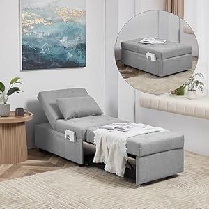 Cozy Castle Chair Bed, Pull Out Sleeper Chair, 3 in 1 Ottoman Bed, Convertible Futon Chair, Durable Linen Chaise Lounge, Living Room Sofa Bed, Grey