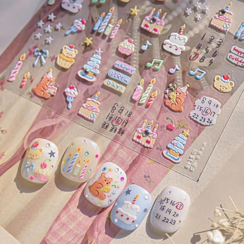 Image of Birthday Nail Stickers Cake Nail Art Decals Candle Star Bear Bow Nail Art Sticks 5D Embossed Self Adhesive with Design for Women Girls Kid Happy Birthday Manicure DIY Charms Decoration
