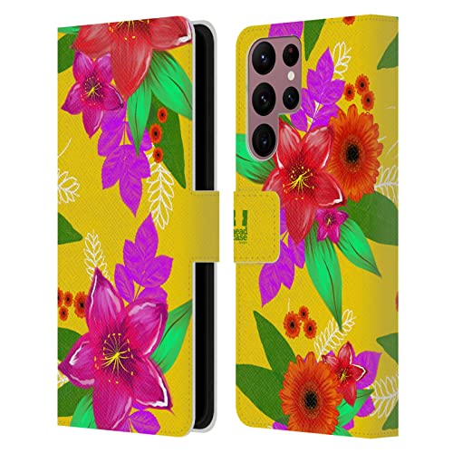Étui portefeuille cuir Samsung Galaxy S22 Ultra 5G jaune fleurs peintes protection intégrale
